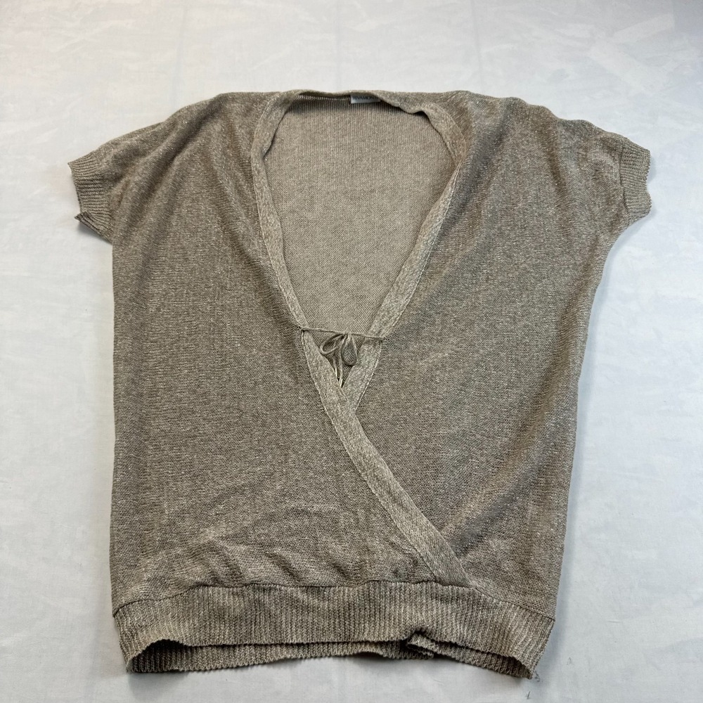 Rivamonti Wrap Sweater Women Large Tan Metallic Linen Blend Cap Sleeve Tie Front